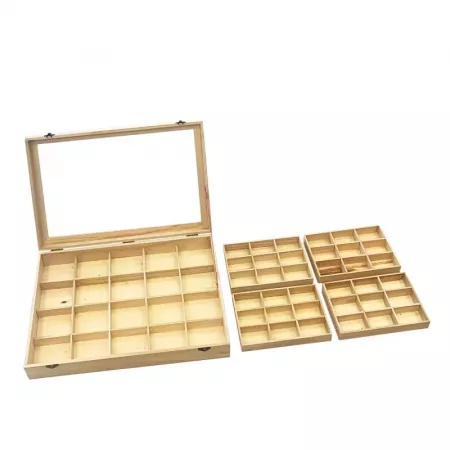 Caja de madera 56 compartimentos con tapa transparente Caja de madera 56 compartimentos con tapa transparente