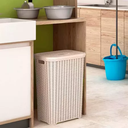 Tradineur - Cesto para la ropa sucia con tapa y asas, pongotodo rattan de plástico, cubo para colada, imitación de mimbre, fabri