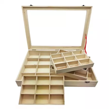 Caja de madera 56 compartimentos con tapa transparente Caja de madera 56 compartimentos con tapa transparente