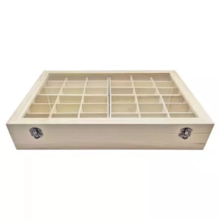 Caja de madera 56 compartimentos con tapa transparente Caja de madera 56 compartimentos con tapa transparente