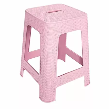 Taburete rosa plástico 28x28 cm con asa y efecto mimbre Taburete rosa plástico 28x28 cm con asa y efecto mimbre