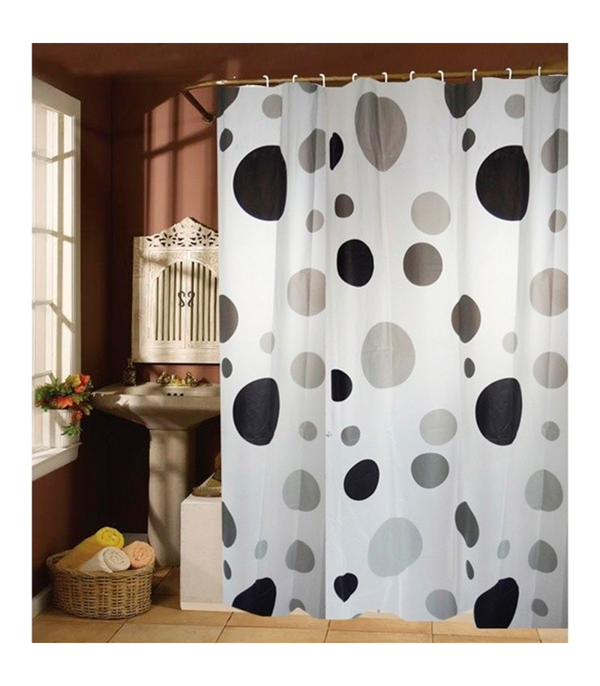 Tradineur - Cortina de ducha de plástico, incluye 12 ganchos, secado  rápido, bañera (Blanco, círculos negros y grises, 180 x 200