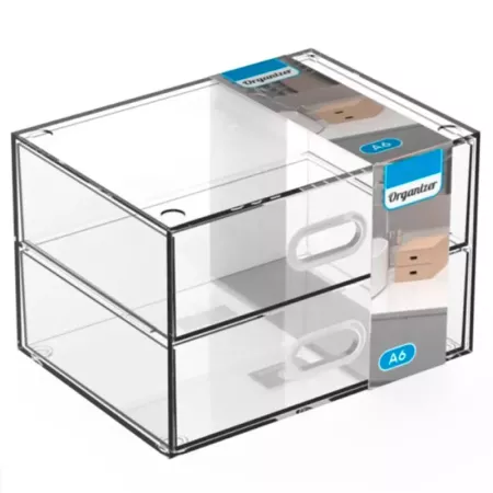Tradineur - Mini cajonera transparente A6 con 2 cajones, plástico, organizador de cosméticos, maquillaje, accesorios de costura, Tradineur - Mini cajonera transparente A6 con 2 cajones, plástico, organizador de cosméticos, maquillaje, accesorios de costura,