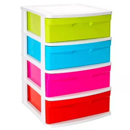 Tradineur - Cajonera de plástico Sena, 4 cajones multicolor, torre de ordenación multiusos, almacenaje, escuela, hogar, fabricad