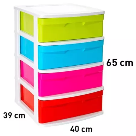 Tradineur - Cajonera de plástico Sena, 4 cajones multicolor, torre de ordenación multiusos, almacenaje, escuela, hogar, fabricad