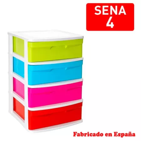 Tradineur - Cajonera de plástico Sena, 4 cajones multicolor, torre de ordenación multiusos, almacenaje, escuela, hogar, fabricad